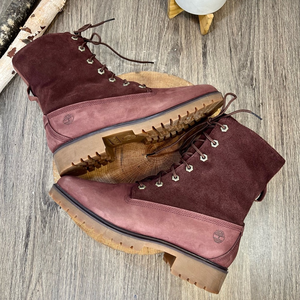 *Timberland | Waterproof Foldover Teddy Fleece Red Leather Suede Bootie Size 9.5 - Picture 6 of 16